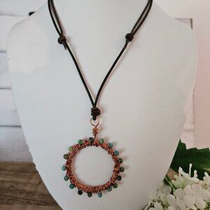 Minimalistic African Turquoise Stones Copper Circle Leather Necklace